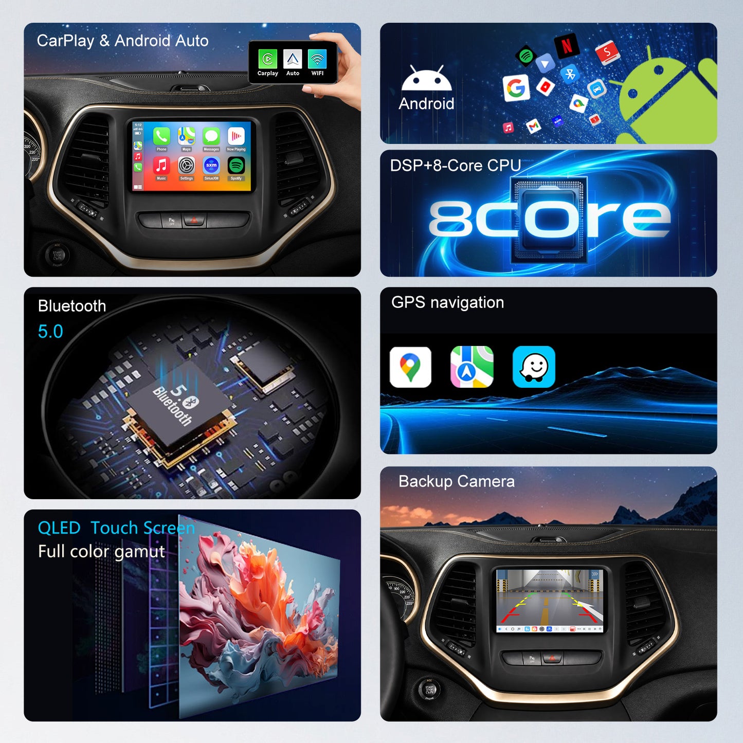 For Jeep Cherokee 2014-2018 Radio upgrade, 7-inch QLED 8-Core CPU, touch screen Stereo,Wireless CarPlay & Android Auto,keep OEM Controls