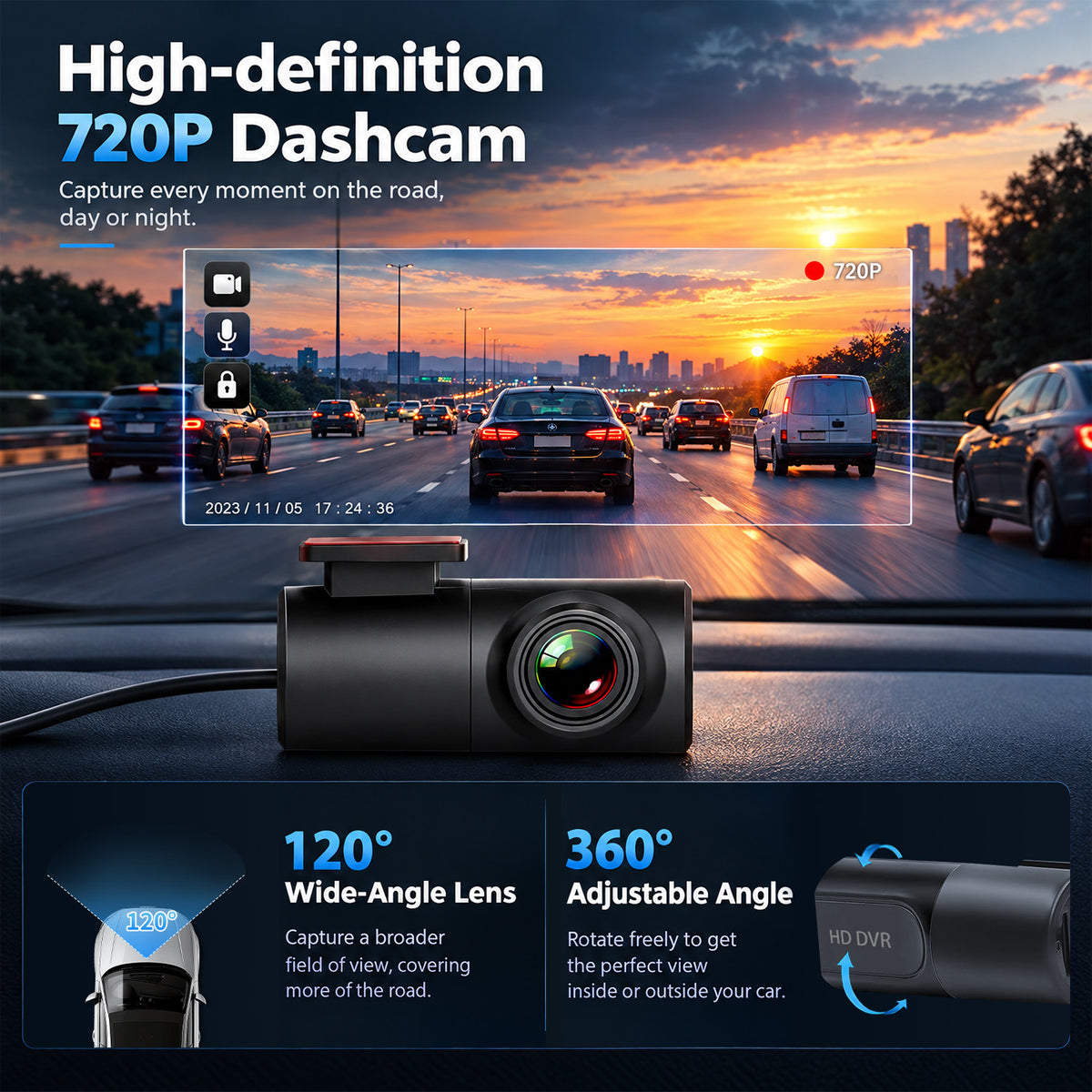 Topdisplay Front Dash Camera for All Android Car Stereos, USB-Powered DVR with Loop Recording, 270° Rotatable Mount