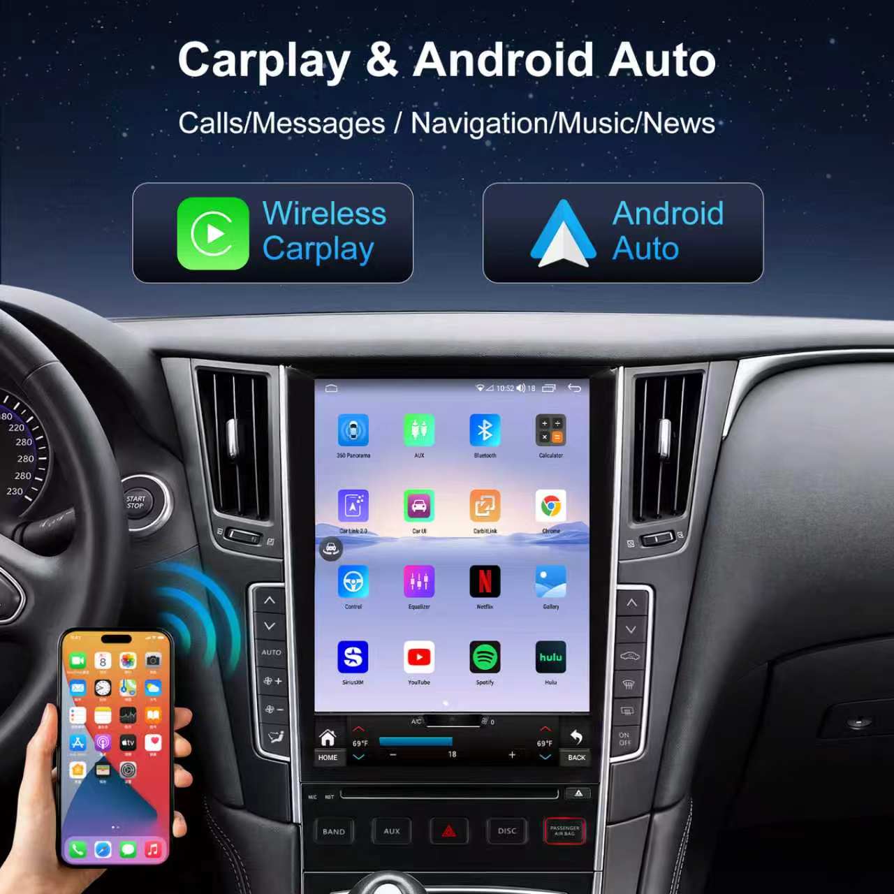 Infiniti Q50L Radio upgrade 2015-2023 CarPlay Stereo Screen-Topdisplay 2015 2016 2017 2018 2019 2020 2021 2022 2023 Infiniti Q50L Replacement Headunit Apple Android Auto Accessories Pantalla Estéreo