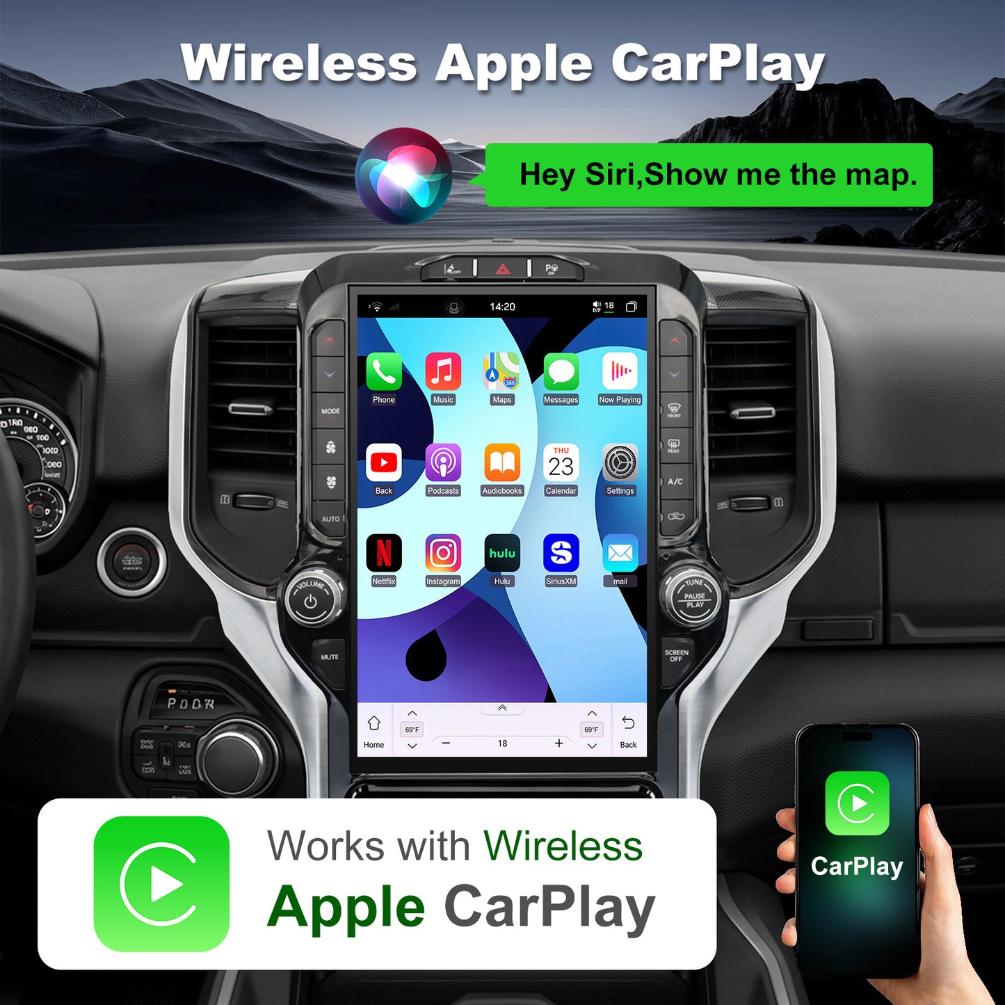 Dodge RAM 1500/2500/3500 Radio upgrade 2019-2023 CarPlay Stereo Screen - Topdisplay 2019 2020 2021 2022 2023 Replacement Headunit Apple Android Auto Accessories Pantalla Estéreo