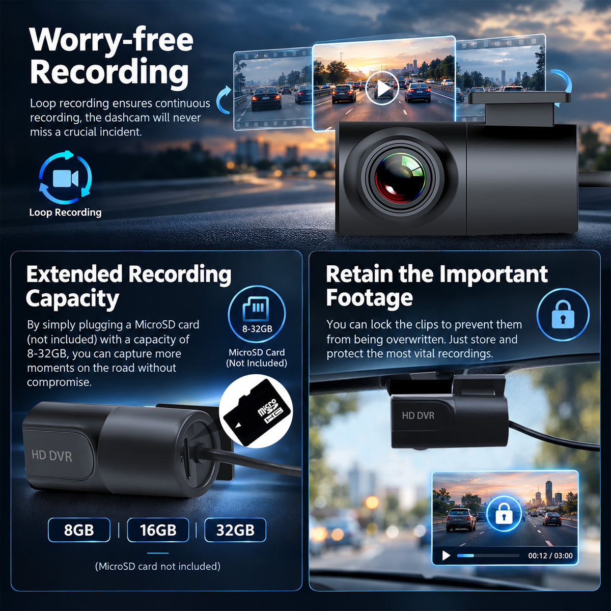 Topdisplay Front Dash Camera for All Android Car Stereos, USB-Powered DVR with Loop Recording, 270° Rotatable Mount