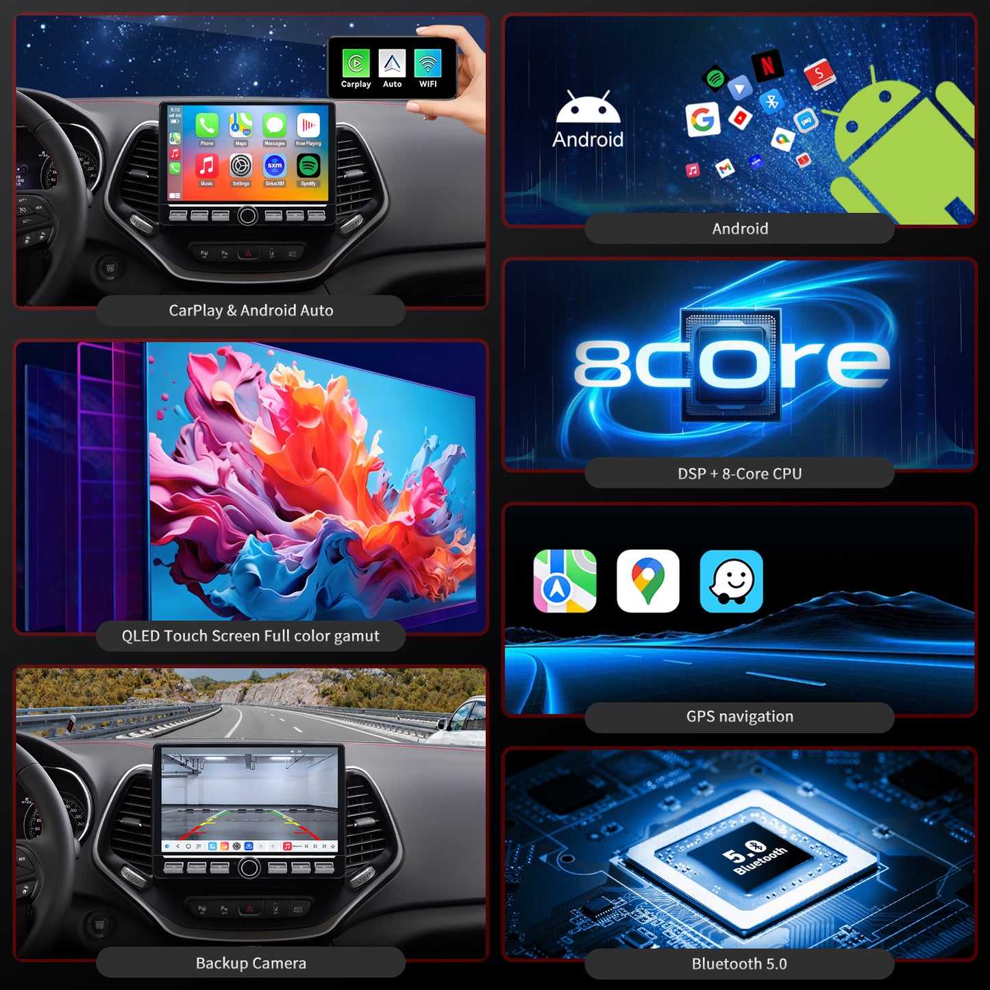 For Jeep Cherokee 2014-2023 Radio upgrade,10.1-inch QLED 8-Core CPU,touch screen Stereo,Wireless CarPlay & Android Auto,keep OEM Controls