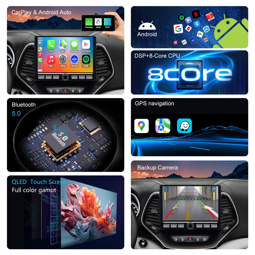 For Jeep Cherokee 2014-2023 Radio upgrade,10.1-inch QLED 8-Core CPU,touch screen Stereo,Wireless CarPlay & Android Auto,keep OEM Controls
