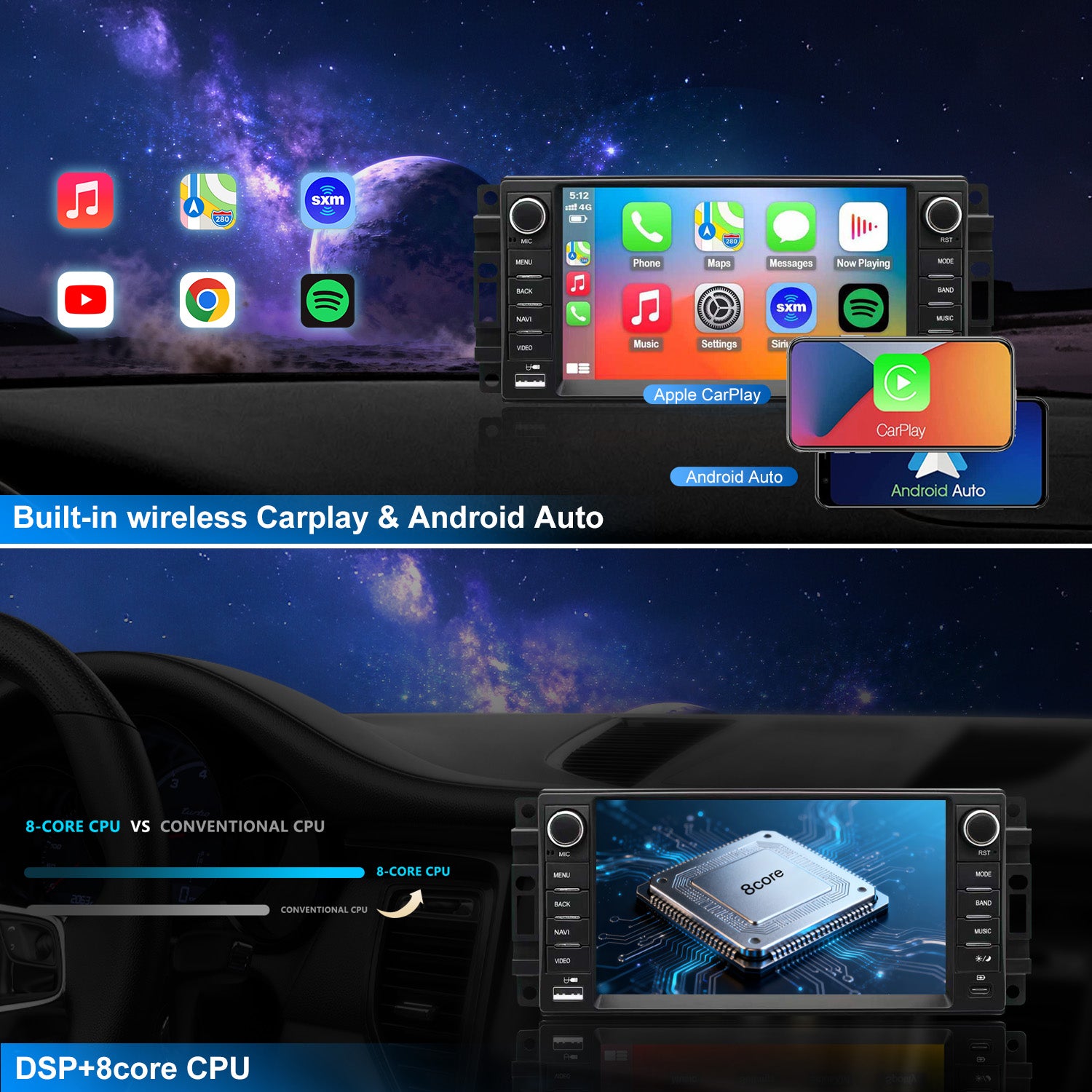 Dodge Dakota Stereo replacement 2008-2011 CarPlay Radio Screen-Topdisplay 2008 2009 2010 2011 Dakota Upgrade Headunit Apple Carplay Android Auto Accessories Pantalla Estéreo