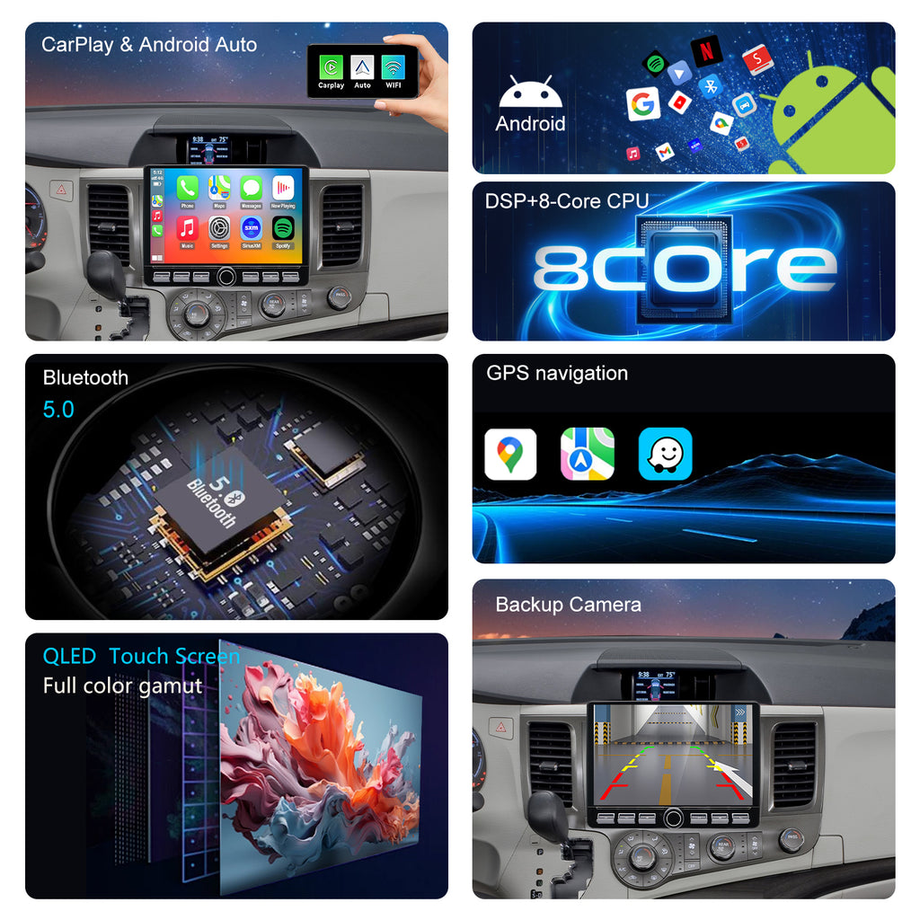 For Toyota Sienna 2011-2014 Radio upgrade,10.2-inch QLED  8-Core CPU,touch screen Stereo,Wireless CarPlay & Android Auto,keep OEM Controls