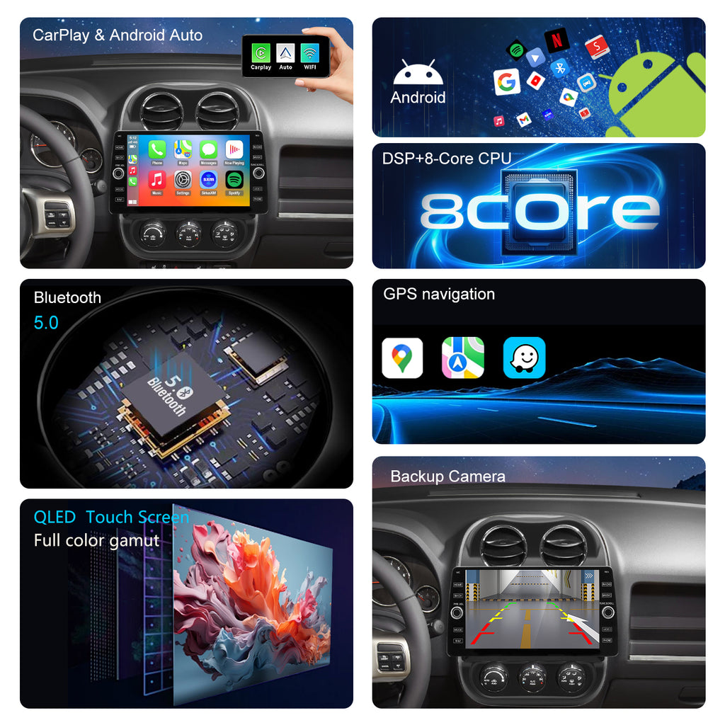For Jeep Compass 2010-2016 Radio upgrade,10.2-inch QLED  8-Core CPU,touch screen Stereo,Wireless CarPlay & Android Auto,keep OEM Controls