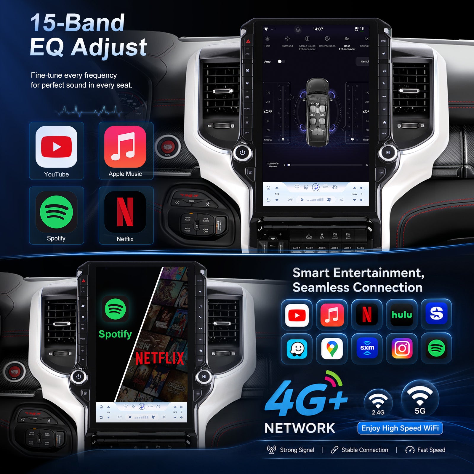 Dodge RAM 1500/2500/3500 Radio upgrade 2019-2023 CarPlay Stereo Screen - Topdisplay 2019 2020 2021 2022 2023 Replacement Headunit Apple Android Auto Accessories Pantalla Estéreo