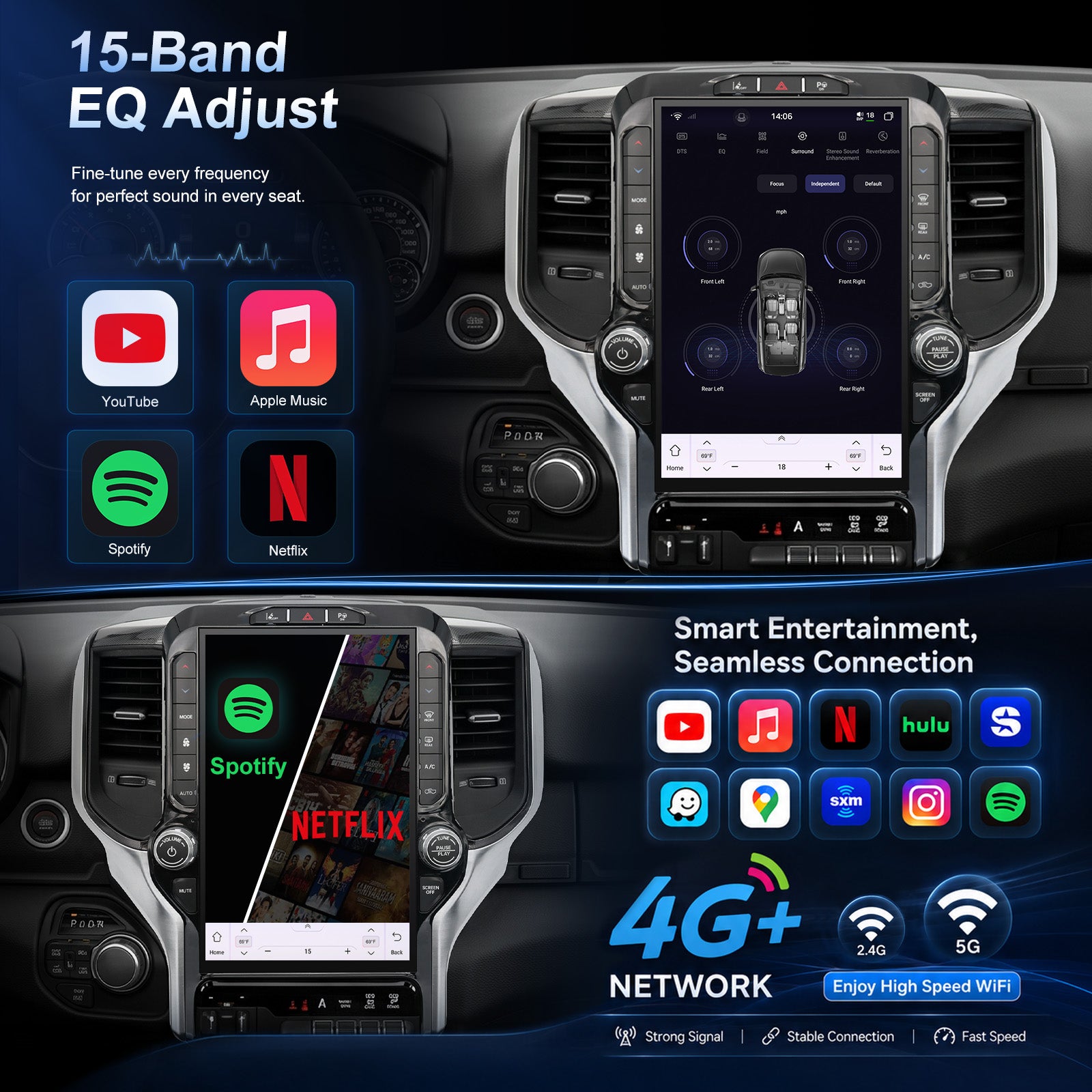 Dodge RAM 1500/2500/3500 Radio upgrade 2019-2023 CarPlay Stereo Screen - Topdisplay 2019 2020 2021 2022 2023 Replacement Headunit Apple Android Auto Accessories Pantalla Estéreo