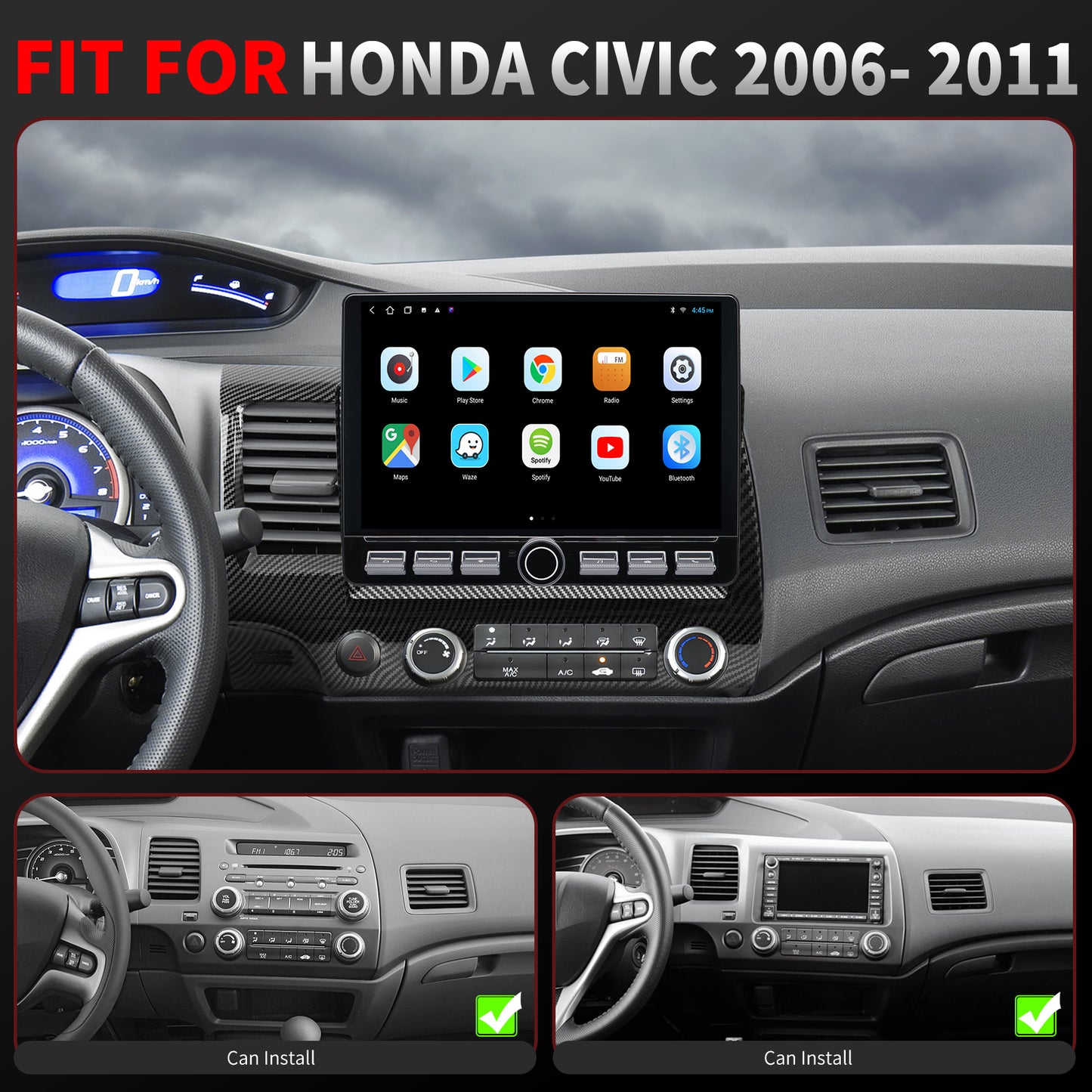 Honda Civic Radio upgrade 2006-2011 CarPlay Stereo Screen - Topdisplay 2006 2007 2008 2009 2010 2011 Replacement Headunit Apple Android Auto Accessories Pantalla Estéreo
