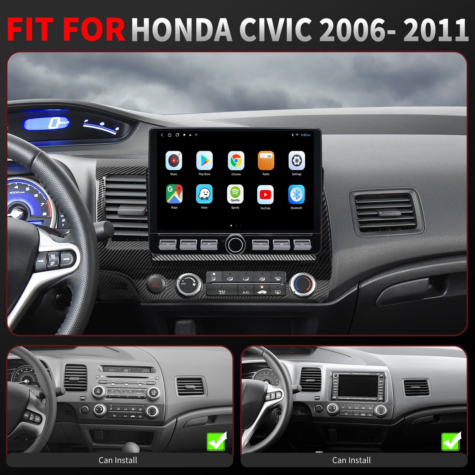 Honda Civic Radio upgrade 2006-2011 CarPlay Stereo Screen - Topdisplay 2006 2007 2008 2009 2010 2011 Replacement Headunit Apple Android Auto Accessories Pantalla Estéreo