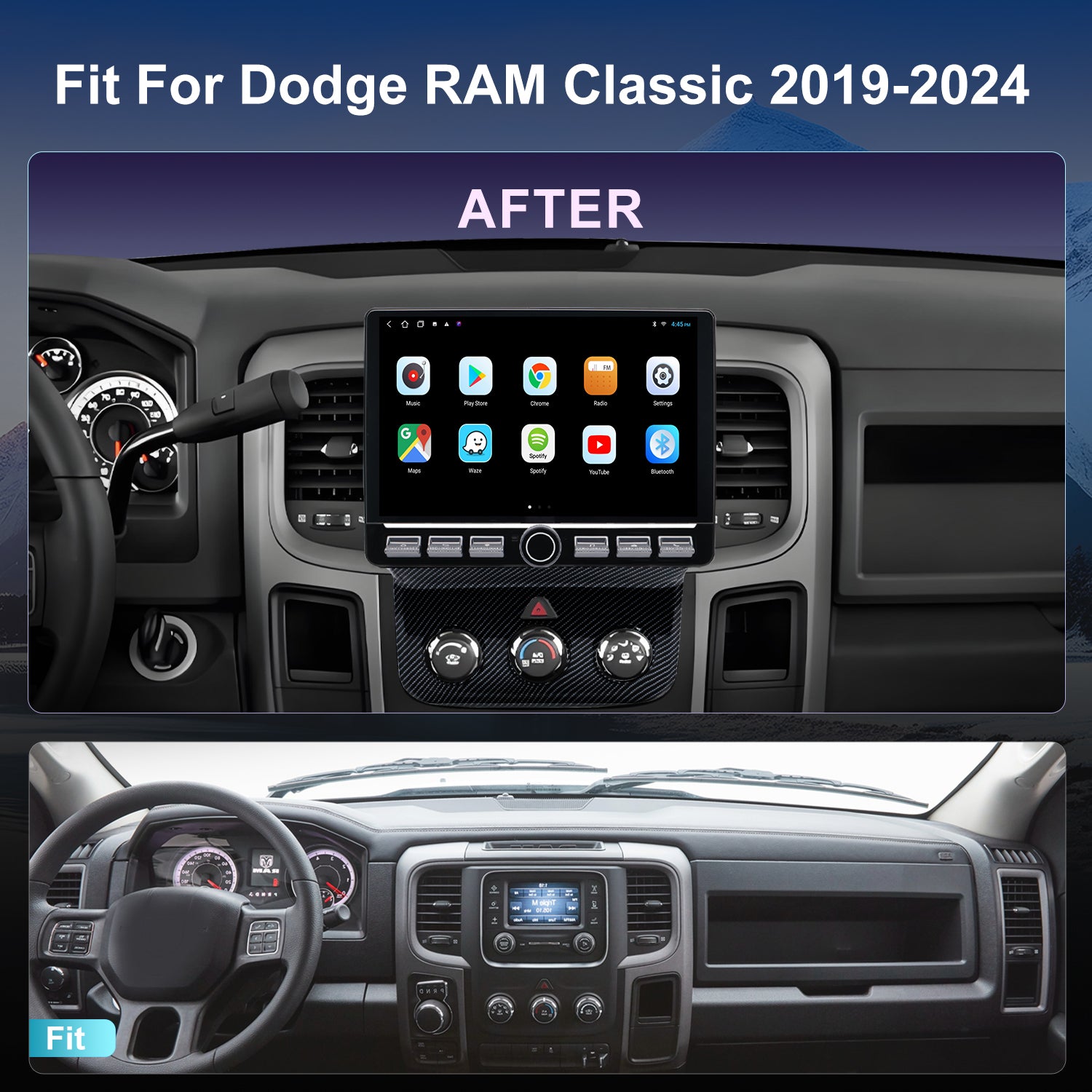 Dodge RAM Classic Radio upgrade 1996-2005 CarPlay Stereo Screen - Topdisplay 2019 2020 2021 2022 2023 2024 Replacement Headunit Apple Android Auto Accessories Pantalla Estéreo