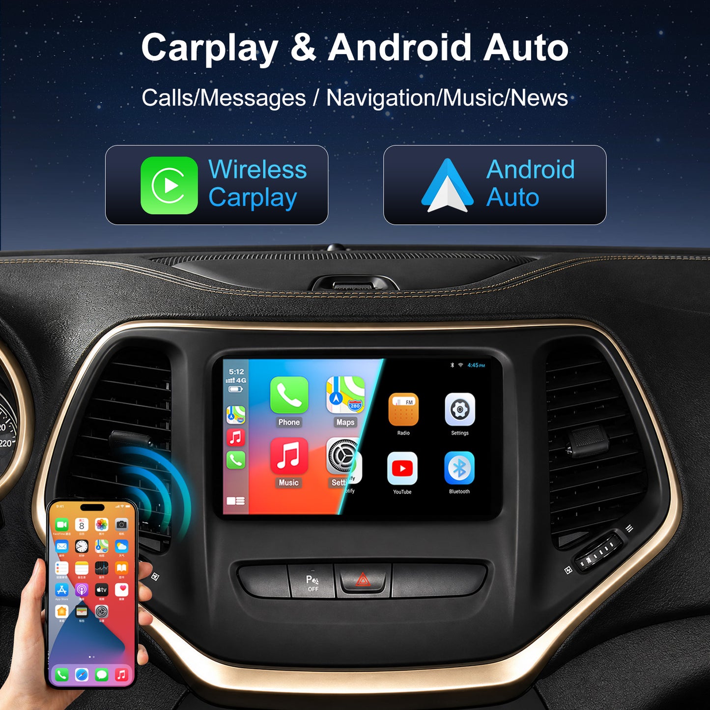For Jeep Cherokee 2014-2018 Radio upgrade, 7-inch QLED 8-Core CPU, touch screen Stereo,Wireless CarPlay & Android Auto,keep OEM Controls
