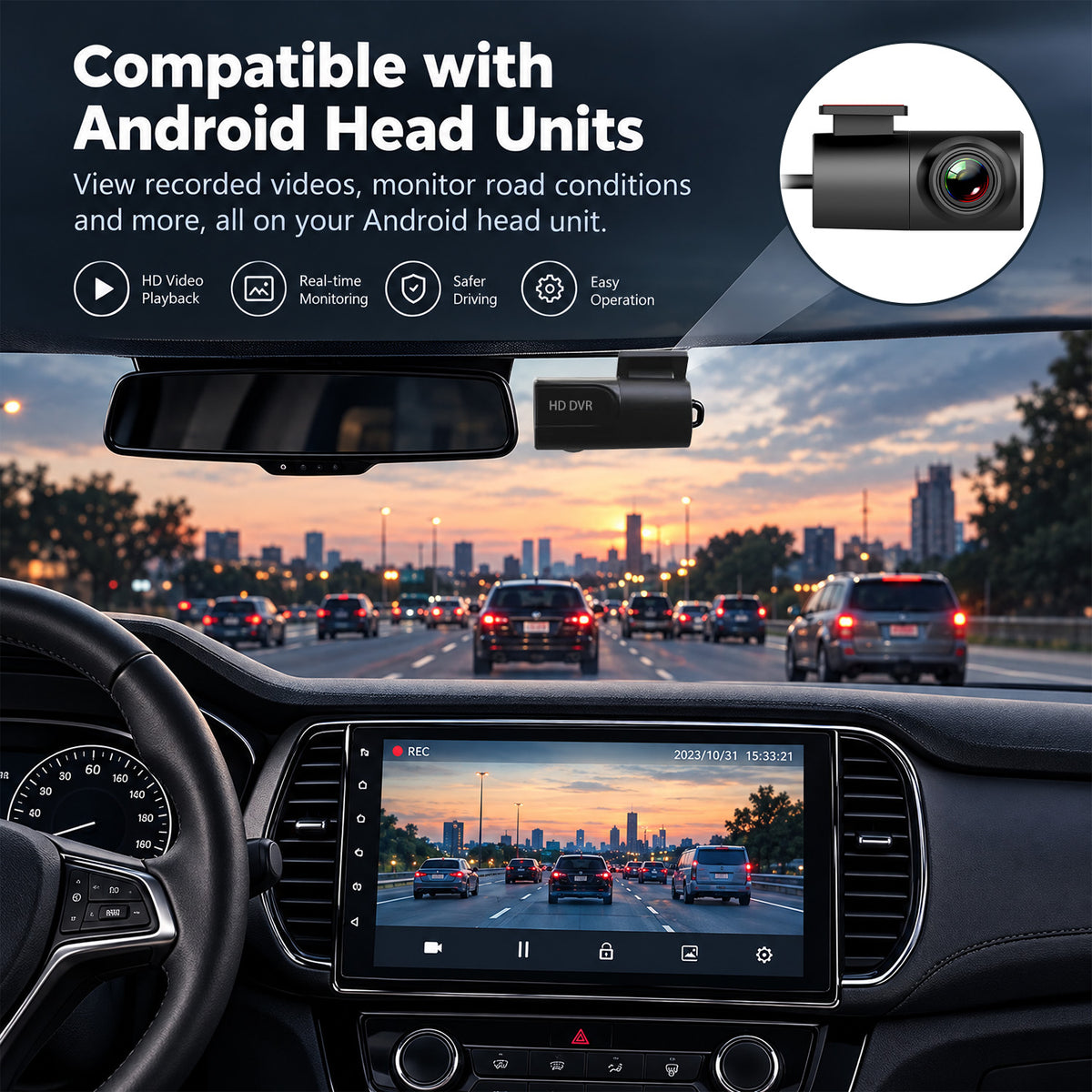 Topdisplay Front Dash Camera for All Android Car Stereos, USB-Powered DVR with Loop Recording, 270° Rotatable Mount