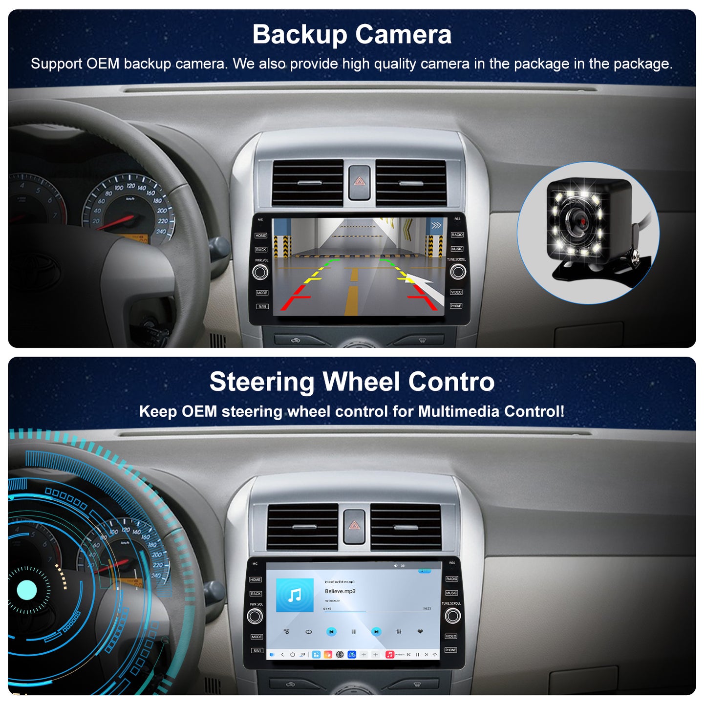 For Toyota Corolla 2009-2013 Radio upgrade,10.2-inch QLED 8-Core CPU,touch screen Stereo,Wireless CarPlay & Android Auto,keep OEM Controls