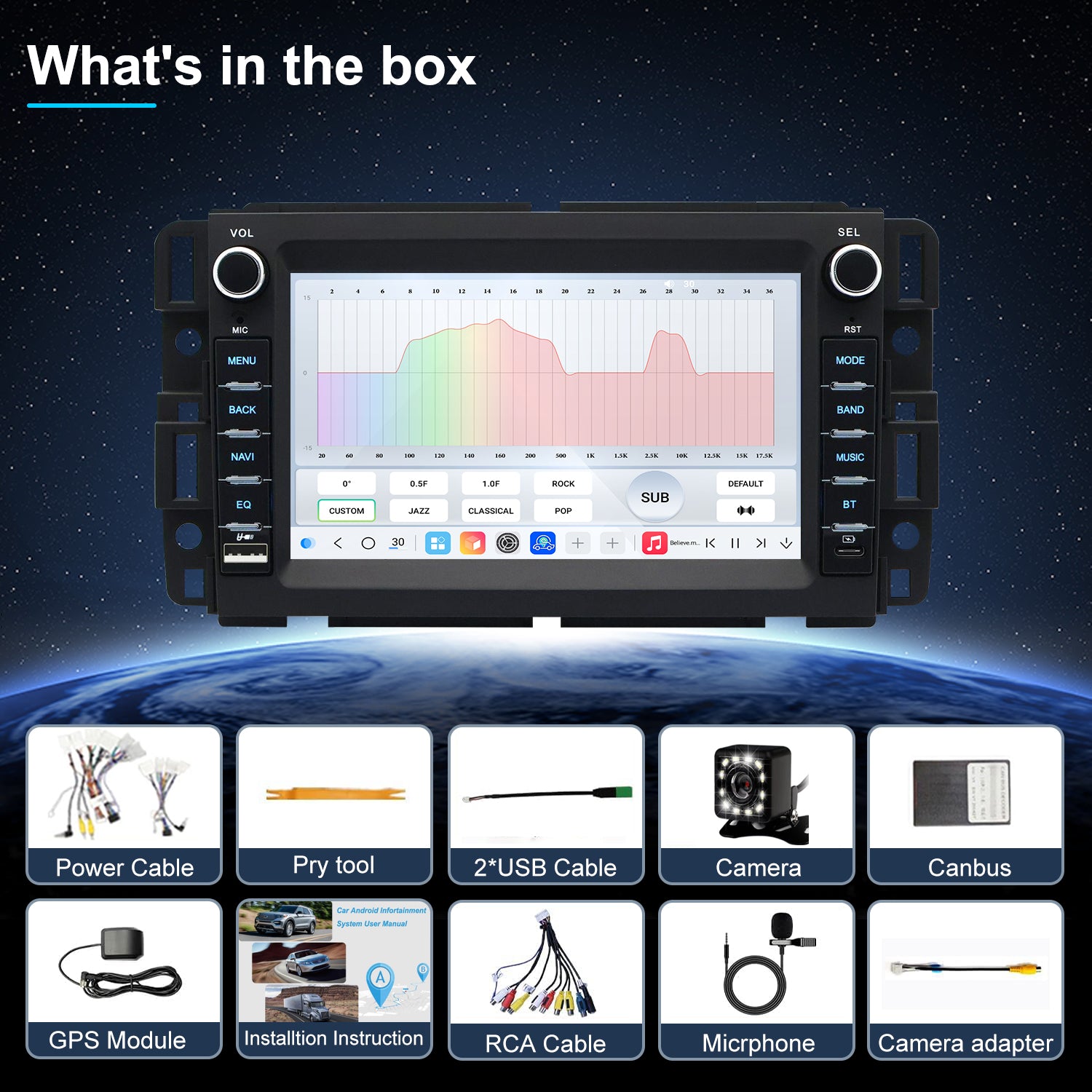 Chevy Silverado Radio upgrade 2007-2013 CarPlay Stereo Screen-Topdisplay 2007 2008 2009 2010 2011 2012 2013 Chevrolet Replacement Headunit Apple Android Auto Accessories Pantalla Estéreo