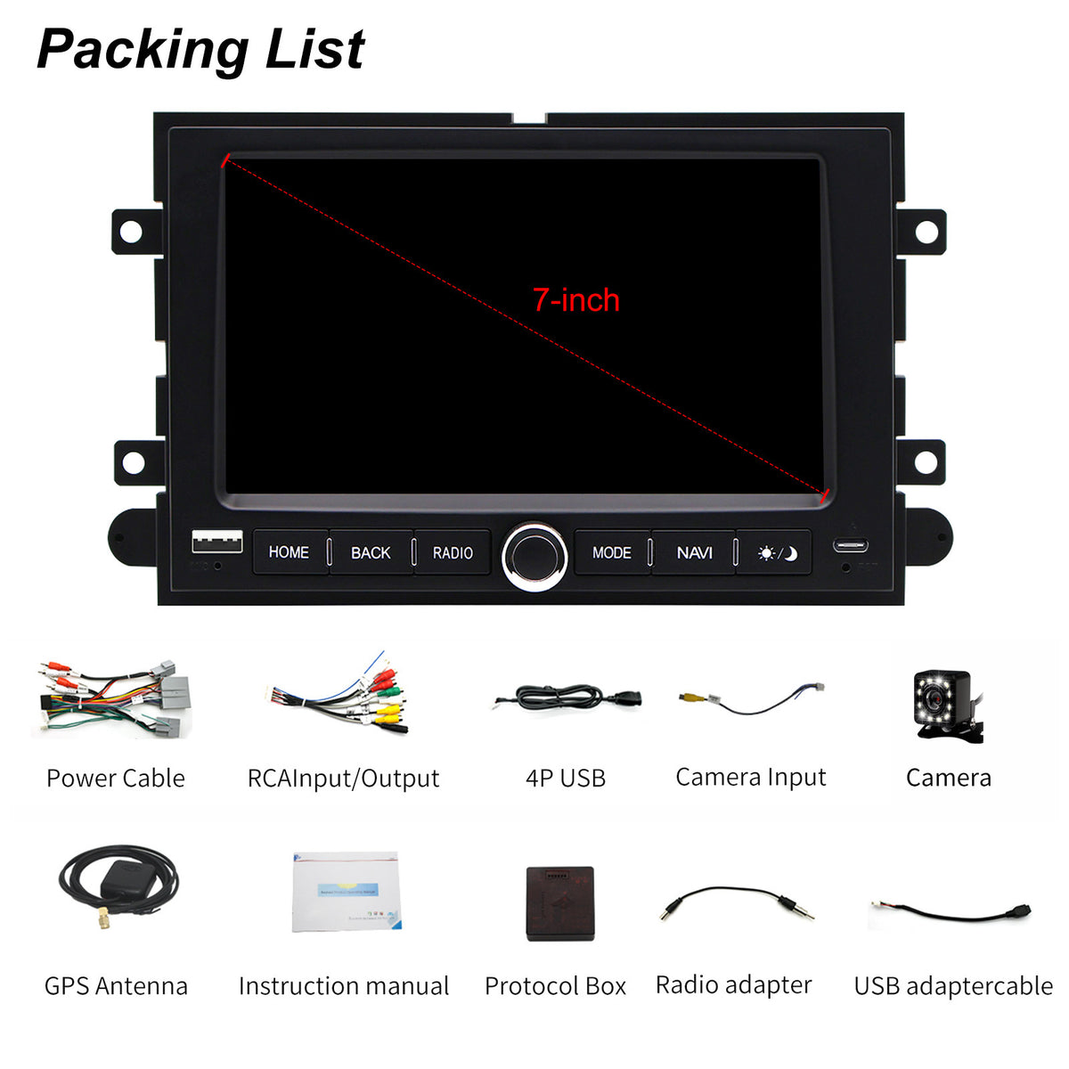 Ford F350 2005-2012 car stereo kit with wiring harnesses, backup camera, GPS antenna and installation accessories