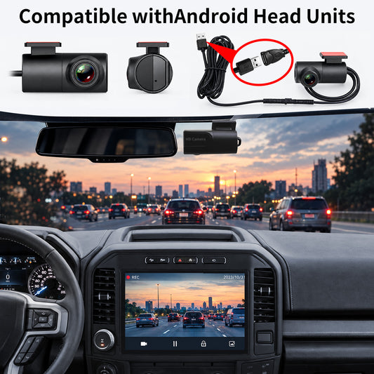 A Front Camera & Dashcam for Android Head unit, USB-Powered DVR with Loop Recording, 360° Rotatable Mount