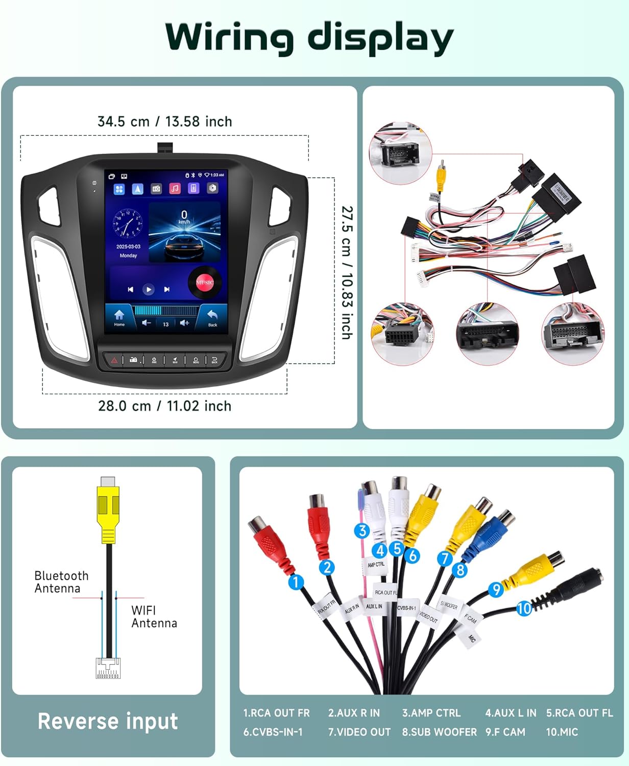 For Ford Focus 2012-2018 Radio upgrade, 9.7-inch QLED 8-Core CPU,touch screen Stereo,Wireless CarPlay & Android Auto,Free camera