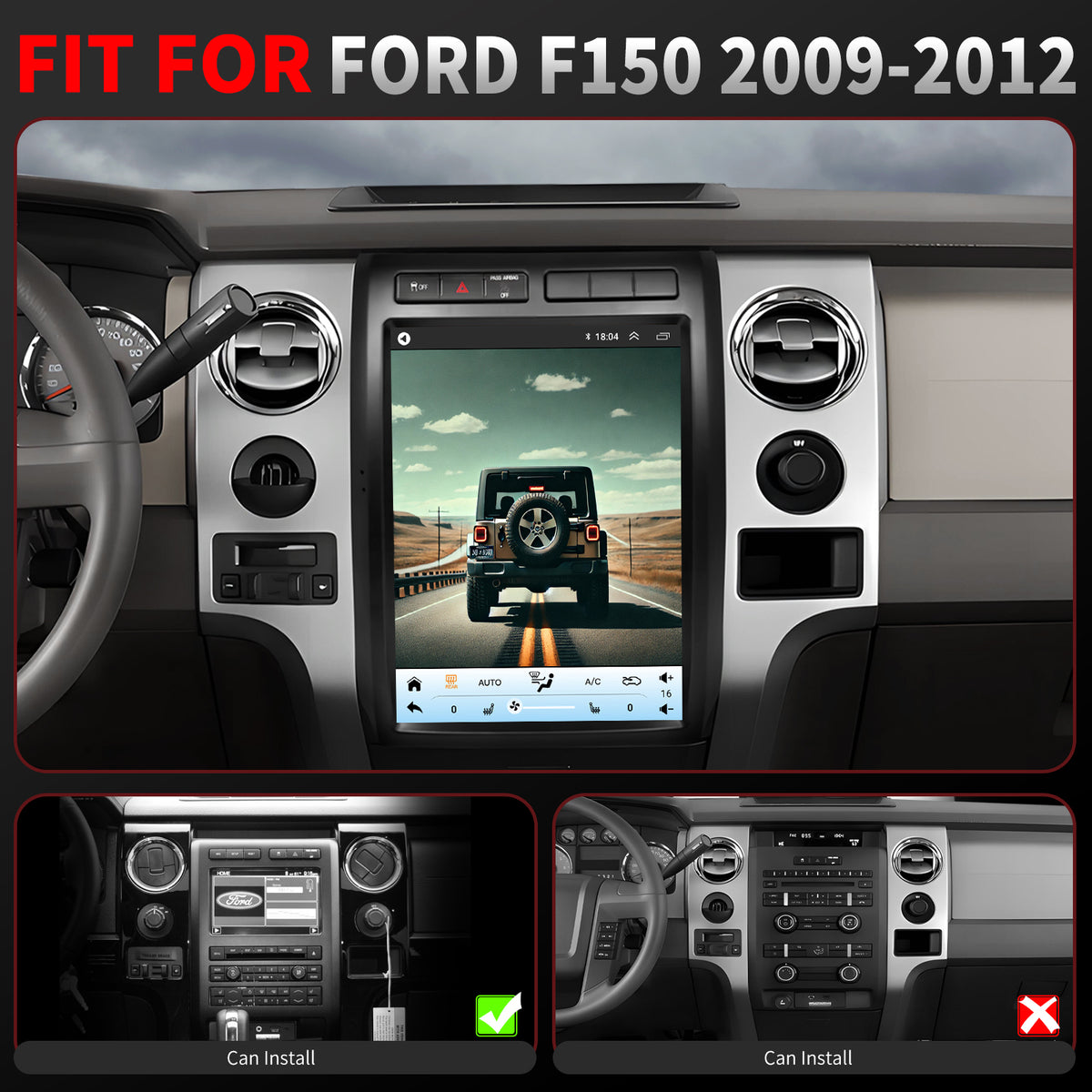 For Ford F150 2009-2012 Radio upgrade, 12.1-inch QLED 8-Core CPU, touch screen Stereo, Wireless CarPlay & Android Auto, Auto AC Only