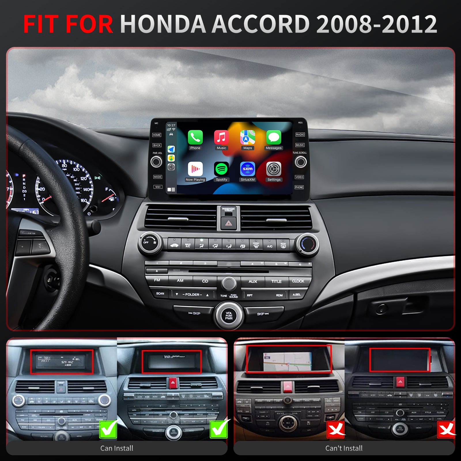 Honda Accord Radio upgrade 2008-2018 CarPlay Stereo Screen -Topdisplay 2008 2009 2010 2011 2012 Replacement Headunit Apple Android Auto Accessories Pantalla Estéreo 