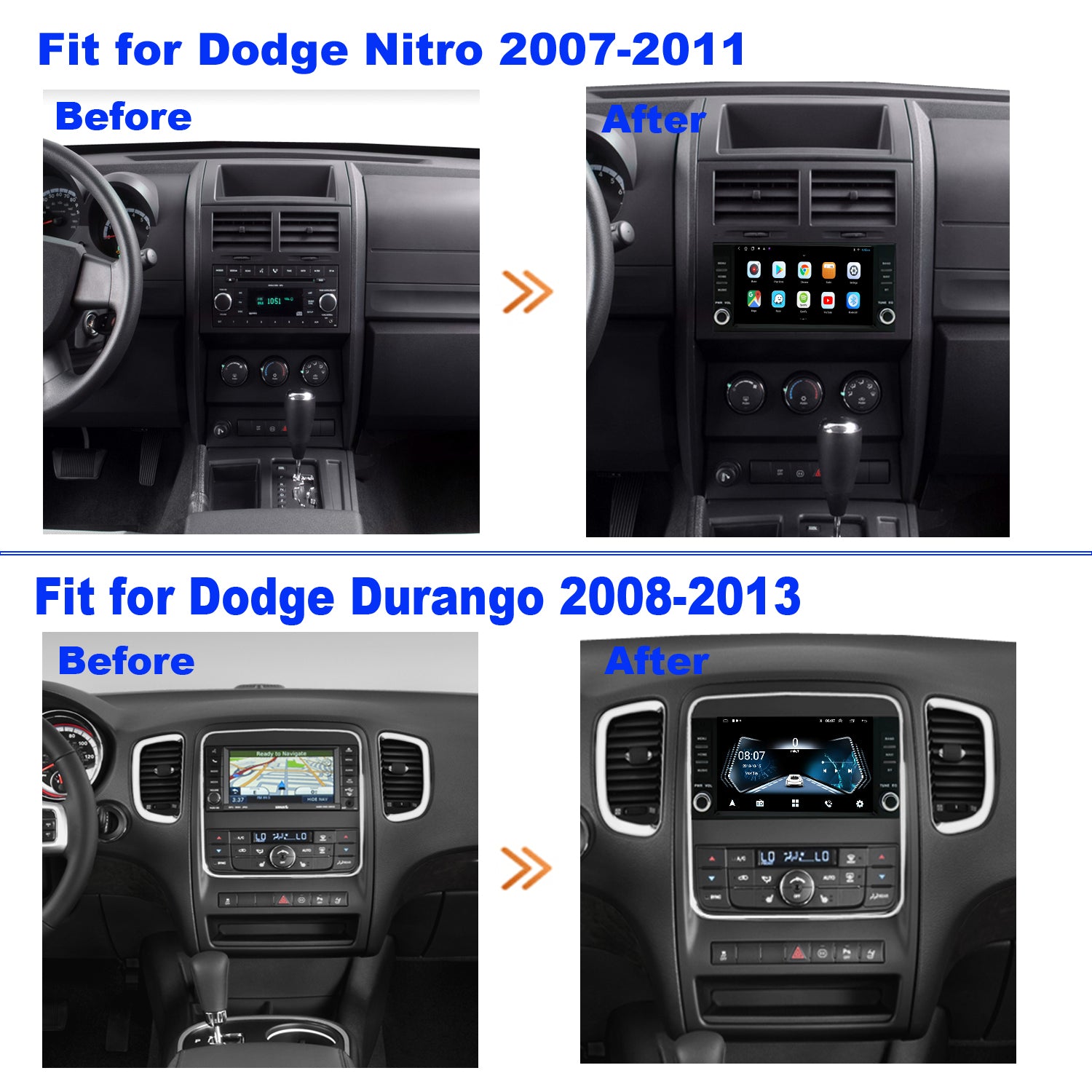 Dodge Durango Radio upgrade 2008-2014 CarPlay Stereo Screen-Topdisplay 2008 2009 2010 2011 2012 2013 2014 Replacement Headunit Apple Android Auto Accessories Pantalla Estéreo