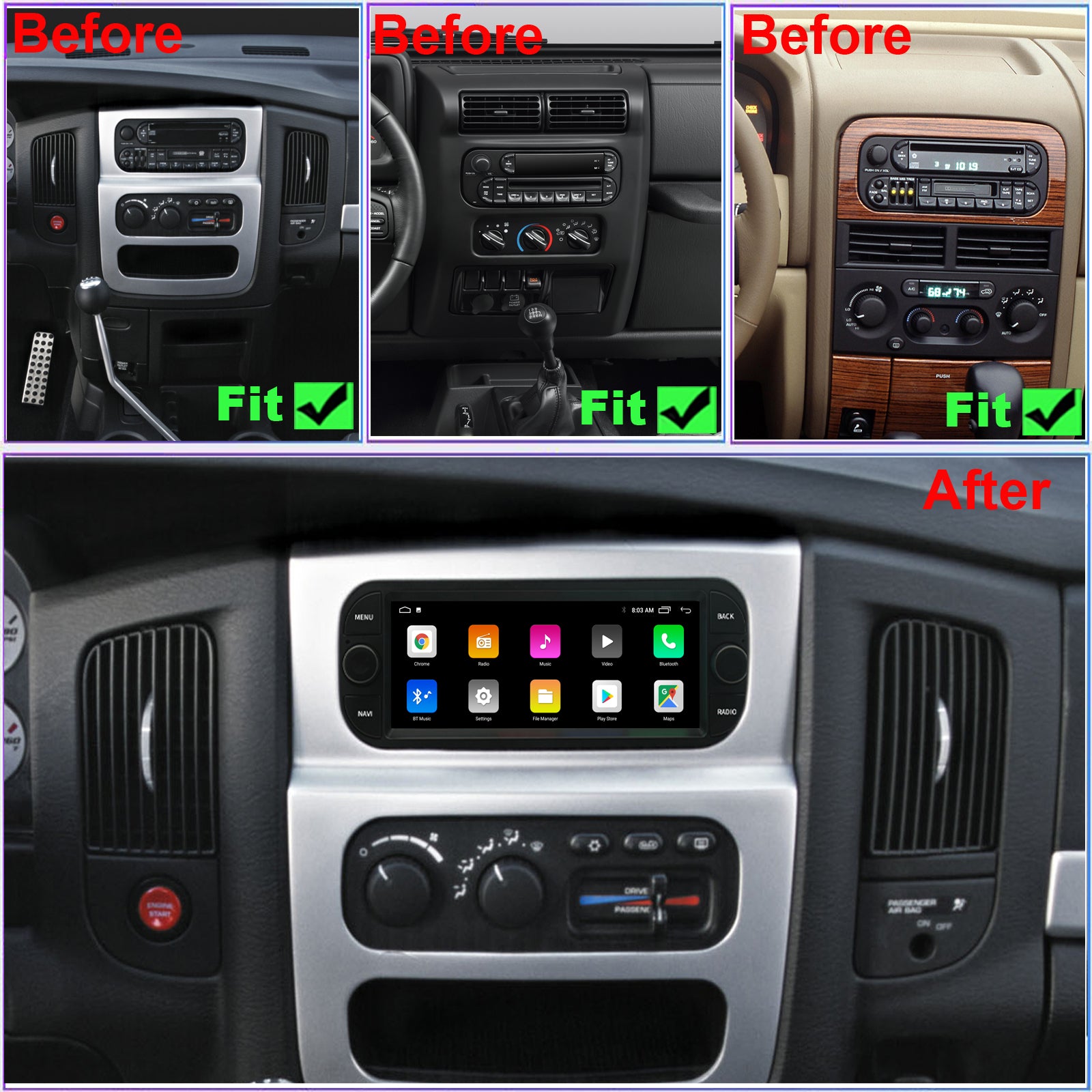 Dodge Caravan Radio upgrade 2002-2007 CarPlay Stereo Screen-Topdisplay 2002 2003 2004 2005 2006 2007 Replacement Headunit Apple Android Auto Accessories Pantalla Estéreo 
