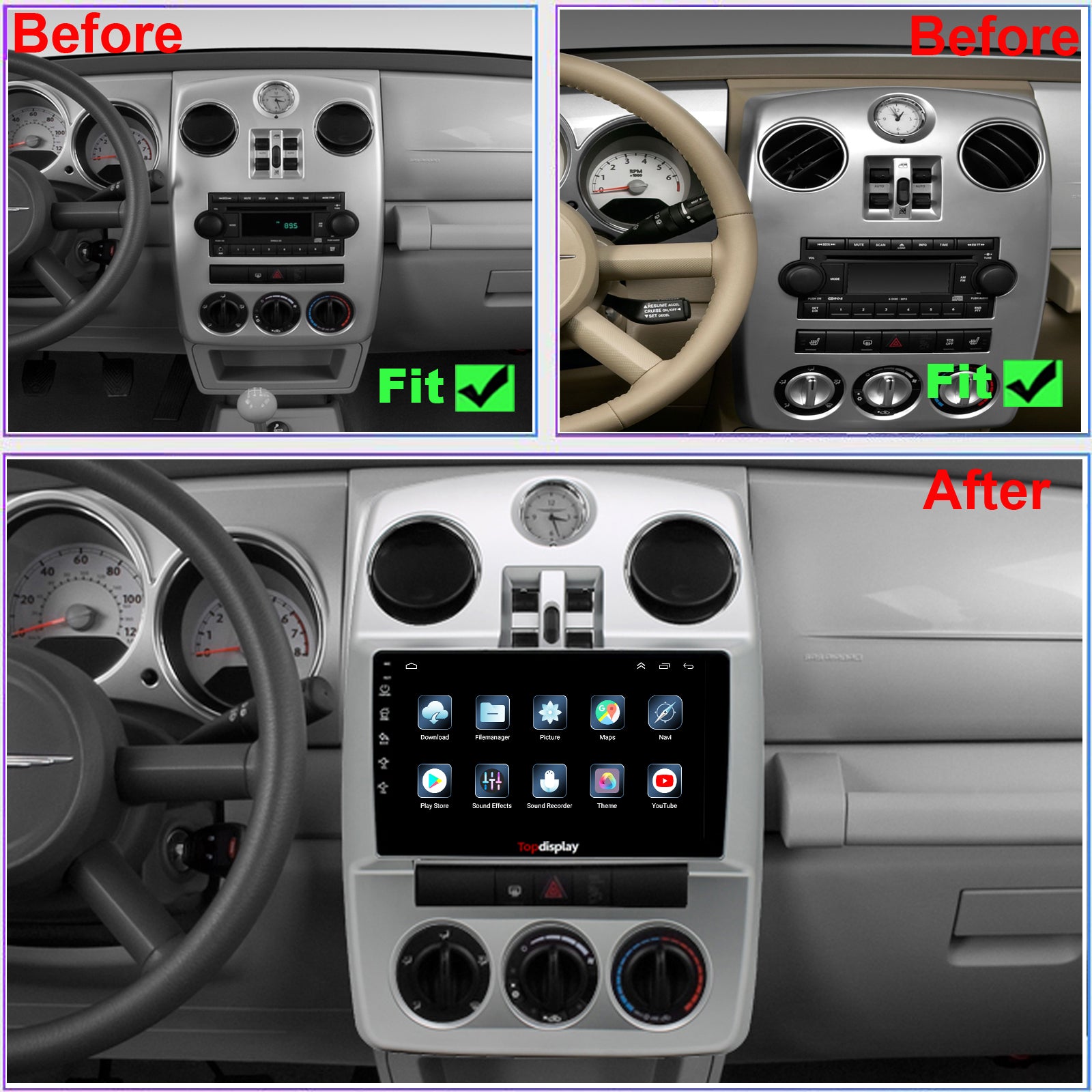 Chrysler PT Cruiser Radio upgrade 2006-2010 CarPlay Stereo Screen-Topdisplay 2006 2007 2008  2009 2010 Replacement Headunit Apple Android Auto Accessories Pantalla Estéreo