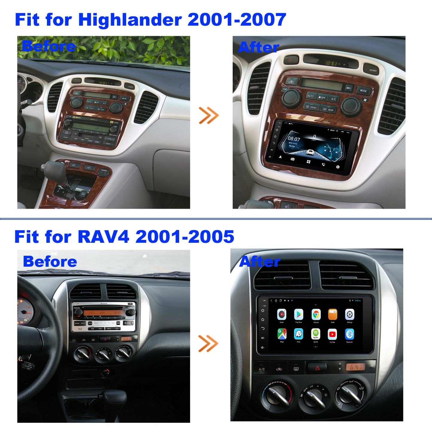 For Toyota Highlander 2001-2007 Radio upgrade,7-inch QLED  8-Core CPU,touch screen Stereo,Wireless CarPlay & Android Auto,keep OEM Controls