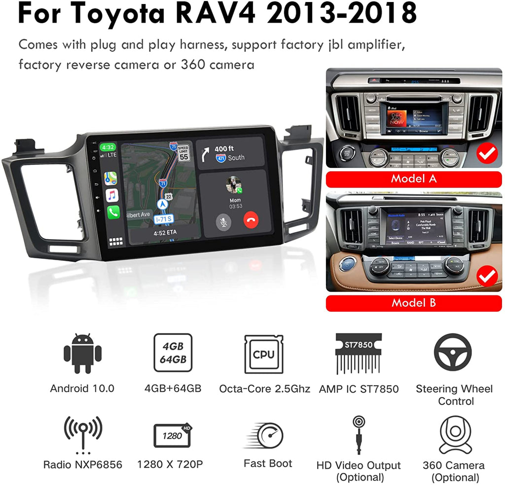 Android Head Unit Radio for Toyota RAV4 2013-2018 10.1inch Tesla Style Car in-Dash GPS Navigation IPS Touch ScreenBluetooth WiFi Build-in Maps Free Rear Camera