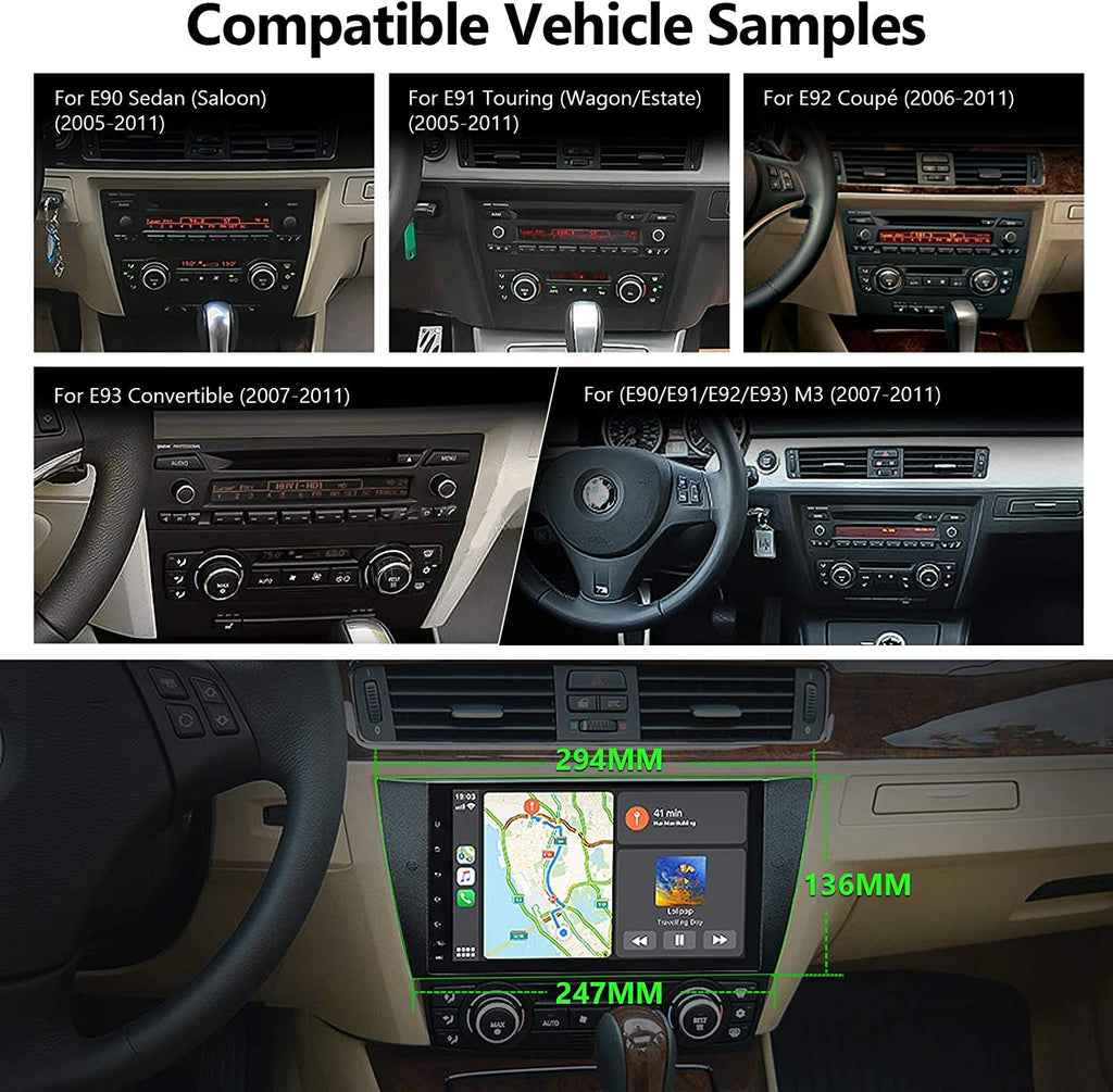 BMW 3 Series Radio upgrade 2005-2011 E90/E91/E92/E93 9inch Android Navigation System wireless carplay IPS Touch Screen Bluetooth WiFi Build-in Maps