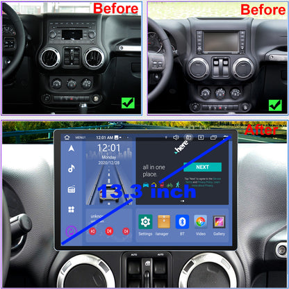 For Jeep Wrangler 2011-2017 Radio upgrade,13.3-inch QLED 8-Core CPU,touch screen Stereo,Wireless CarPlay & Android Auto,keep OEM Controls