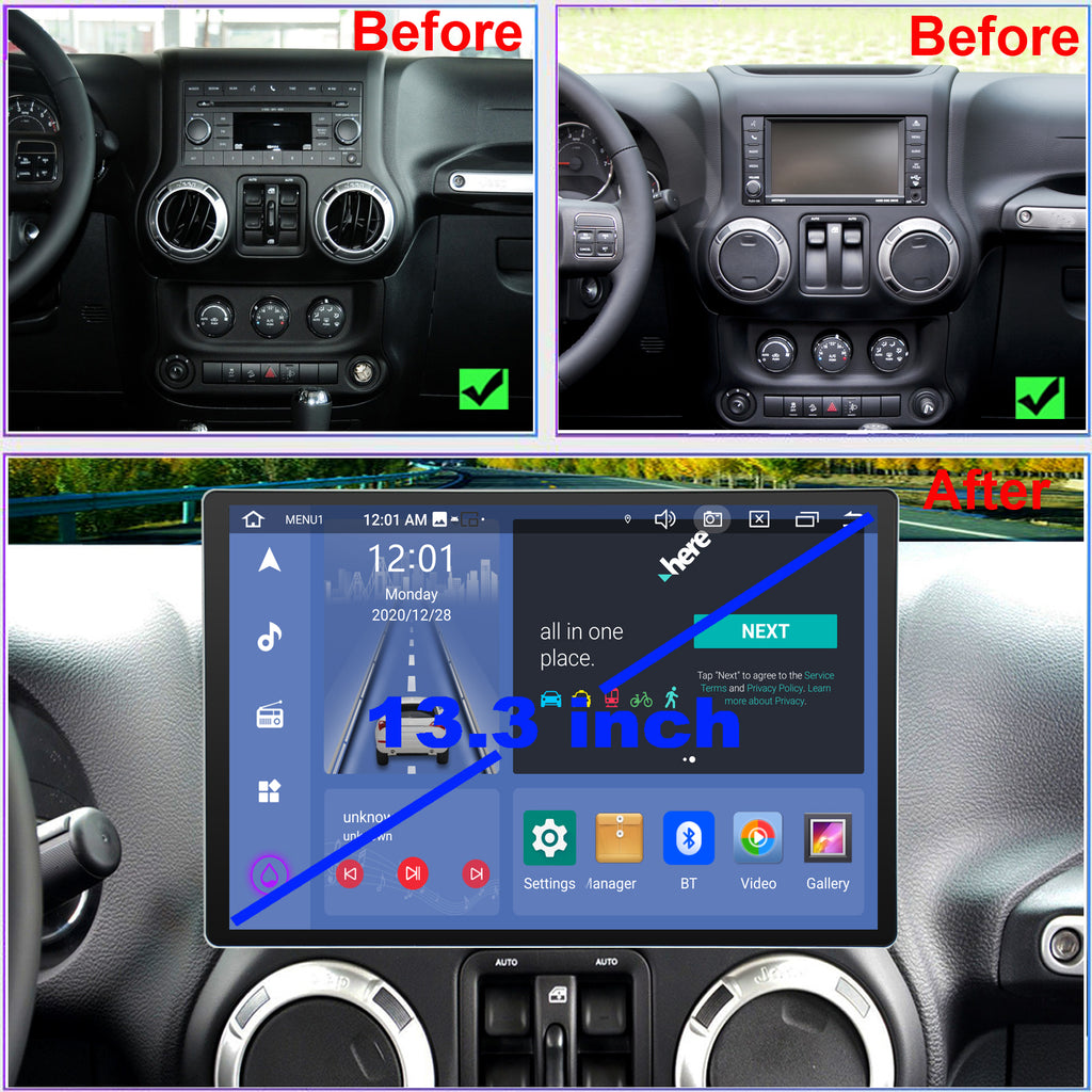 Jeep Wrangler Radio upgrade 2011-2017 13.3inch IPS Touch Screen GPS Navigation Wireless Carplay 4G LTE Bluetooth WiFi Free Rear Camera