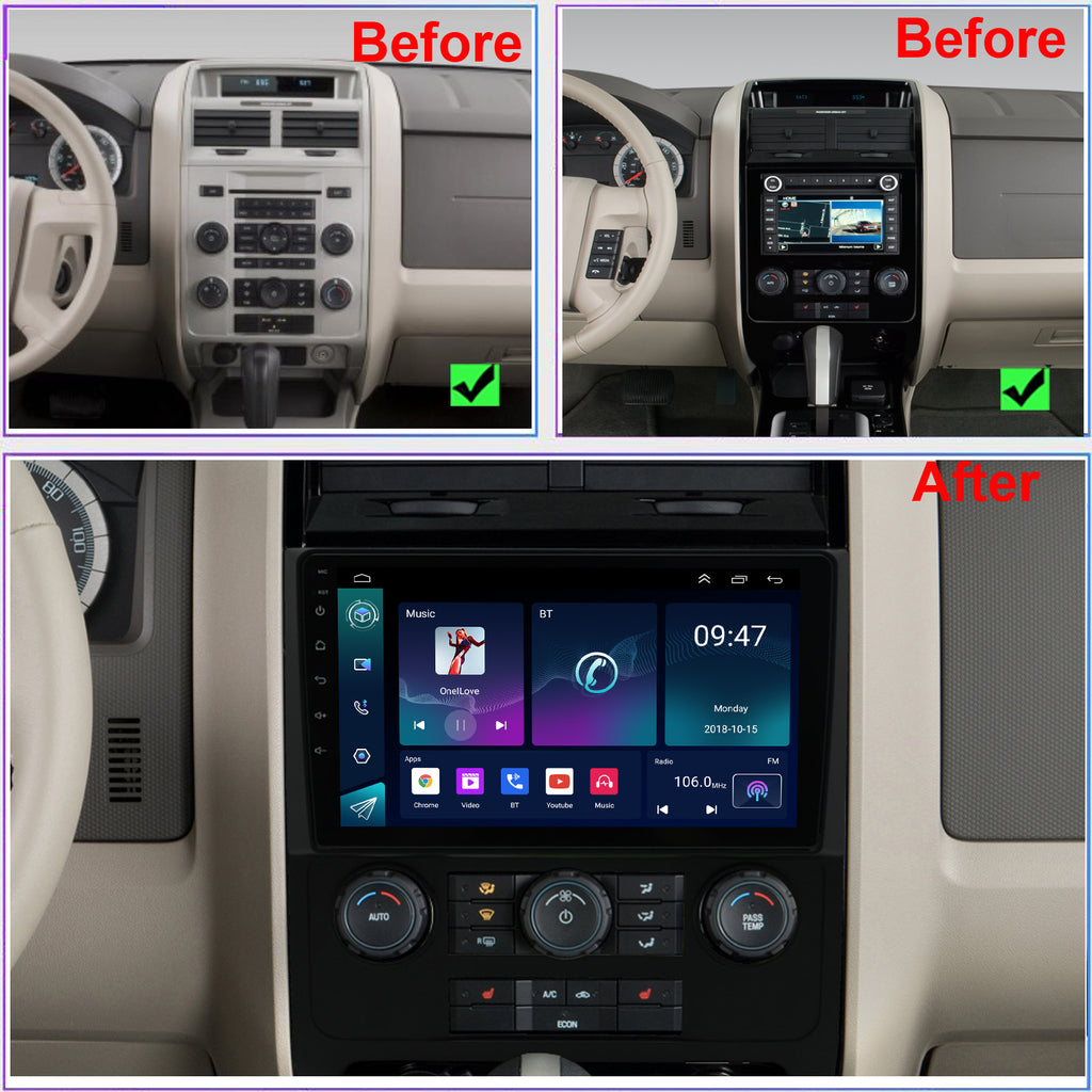 Ford Escape Radio upgrade 2007-2012 Android Stereo 9inch Touch Screen GPS Navigation Wireless Carplay Bluetooth WiFi Free Rear Camera